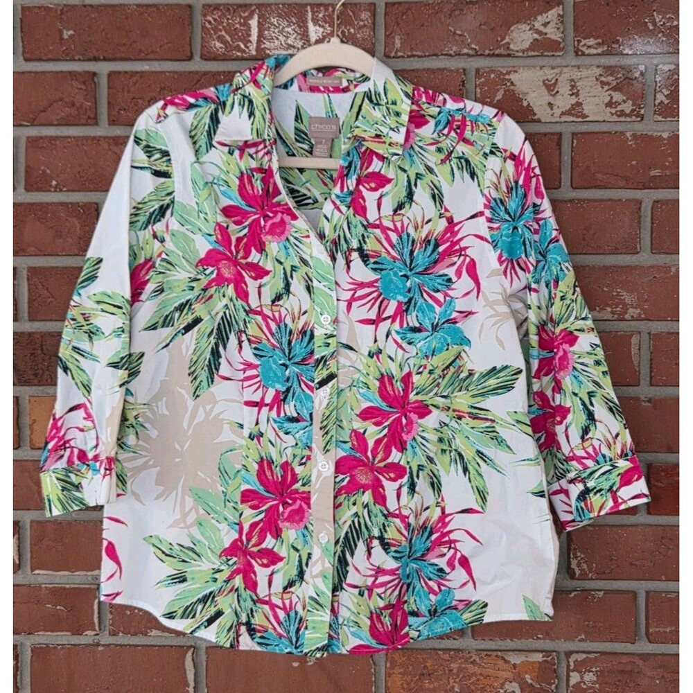 Chicos No Iron Wrinkle Resistant Sz‎ 1 (8) Tropical Print Shirt 3/4 Sleeves NWOT